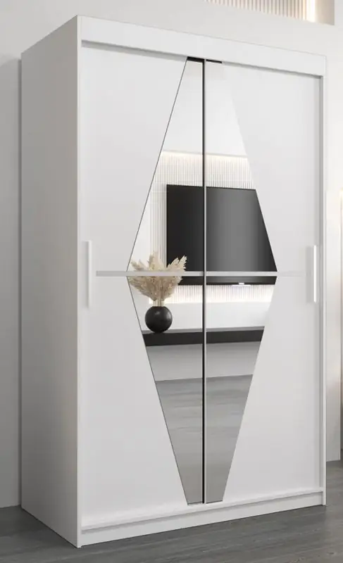 Armoire à portes coulissantes / Penderie Alphubel 02 avec miroir, Couleur : Blanc mat - Dimensions : 200 x 120 x 62 cm ( H x L x P)