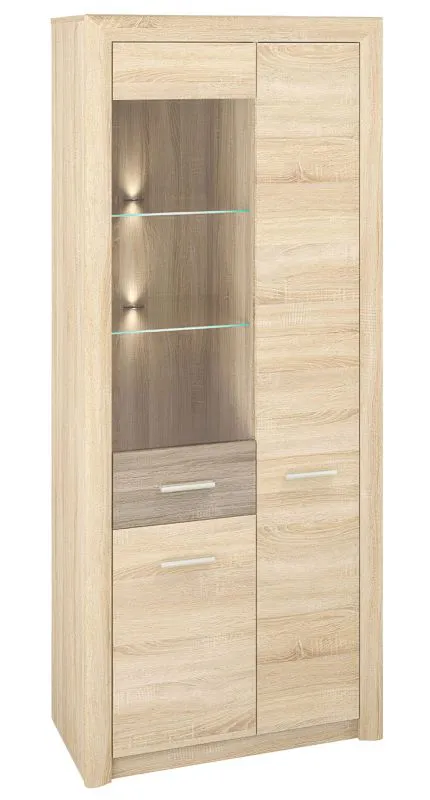 Vitrine Mesquite 02, couleur : Sonoma Oak light / Sonoma Oak Truffle - Dimensions : 199 x 85 x 40 cm (h x l x p), avec 3 portes et 10 compartiments