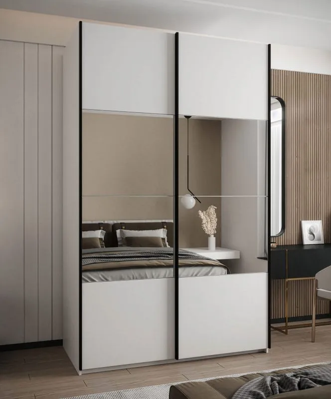 Penderie / Armoire à portes coulissantes / 245,5 x 160 x 64 cm / 11 compartiments / Couleur : Blanc / Système de fermeture Soft-Close / Miroir / 2 portes coulissantes / 2 tringles à vêtements