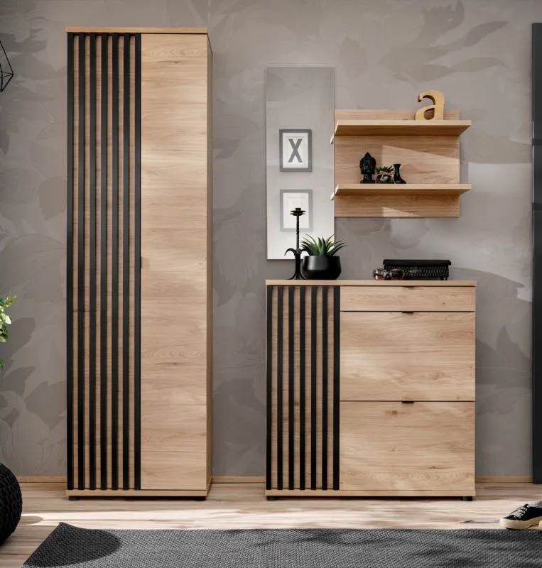 Vestiaire complet - Ensemble C Angvik, 3 pièces, Couleur : Chêne / Noir, une armoire de vestiaire, une armoire à chaussures, un miroir avec deux étagères