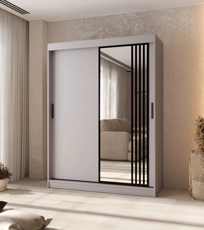 Armoire à portes coulissantes / Cachemire / 5 compartiments / 2 tringles / Détails modernes / 1 porte miroir / 150 x 62 x 200 cm / Penderie