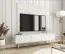 Meuble TV moderne avec façade striée Horsham 42, Couleur : Blanc, montage suspendu, trois compartiments à clapet, protection des bords ABS, Pieds : Or