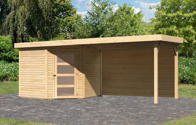 Abri de jardin SET EN PROMO naturel avec toit rapporté 2,8 m de large, panneau arrière, surface au sol : 5,76m².