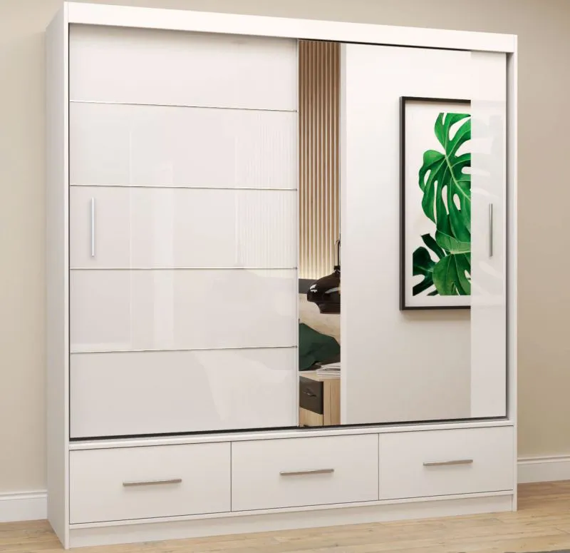 Armoire à portes coulissantes / Penderie / Avec miroir / Blanc brillant / Lusatian 14 / 218 x 203 x 61 cm / 2 portes / 3 tiroirs / 12 compartiments / Rectangulaire
