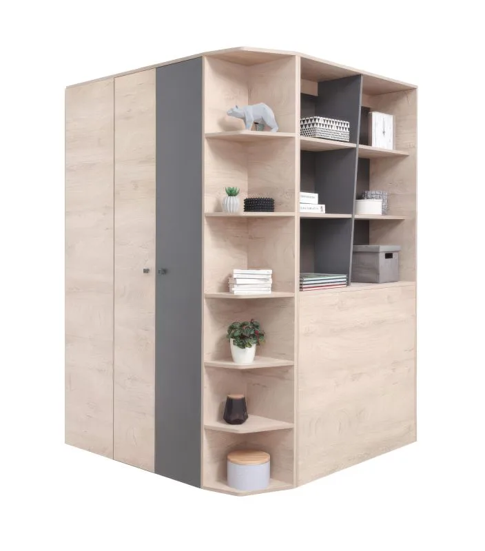 Chambre d'adolescents - Armoire à portes battantes / armoire d'angle Chiny 01, couleur : chêne / gris - Dimensions : 190 x 135 x 135 cm (H x L x P)