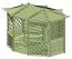 Grand pavillon Craspedia 02 en bois de pin, toiture en bois massif, imprégné sous pression en autoclave, surface au sol de 9 m², comprenant le plancher et 7 bancs, toit en forme de tente
