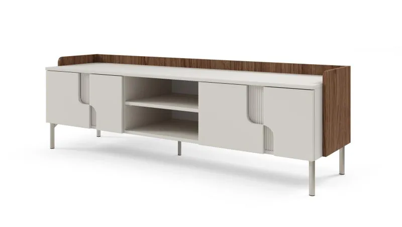 Meuble bas TV / Couleur : Cachemire / Noyer Alba / 4 portes battantes / 4 compartiments / 160 x 42 x 51 cm / Fonction Push-to-open / Tableau TV / Pieds : métal