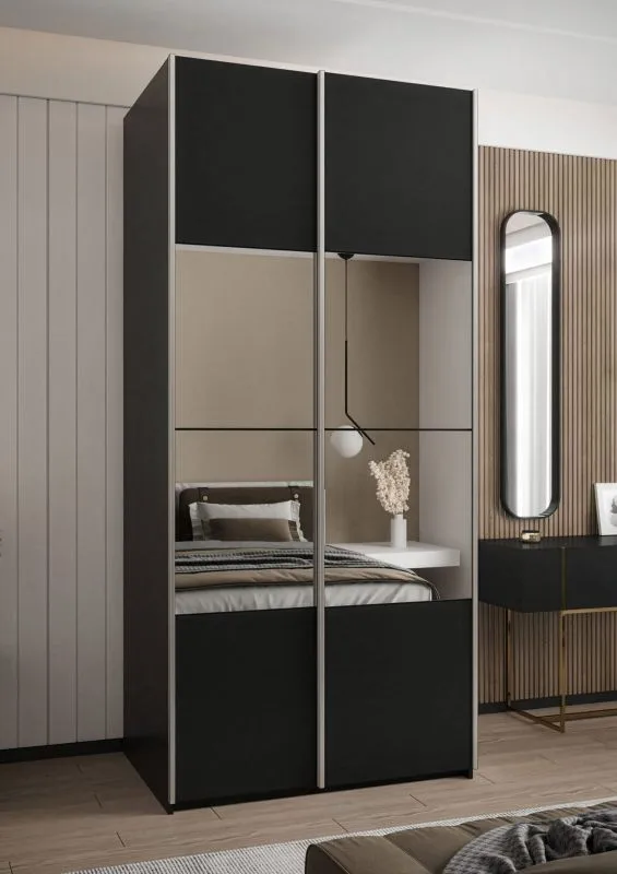 Armoire / Armoire à portes coulissantes | 245,5 x 110 x 64 cm | Miroir | Fermeture en douceur | Couleur : noir | Fermeture en douceur | 2 tringles à vêtements | 2 portes coulissantes