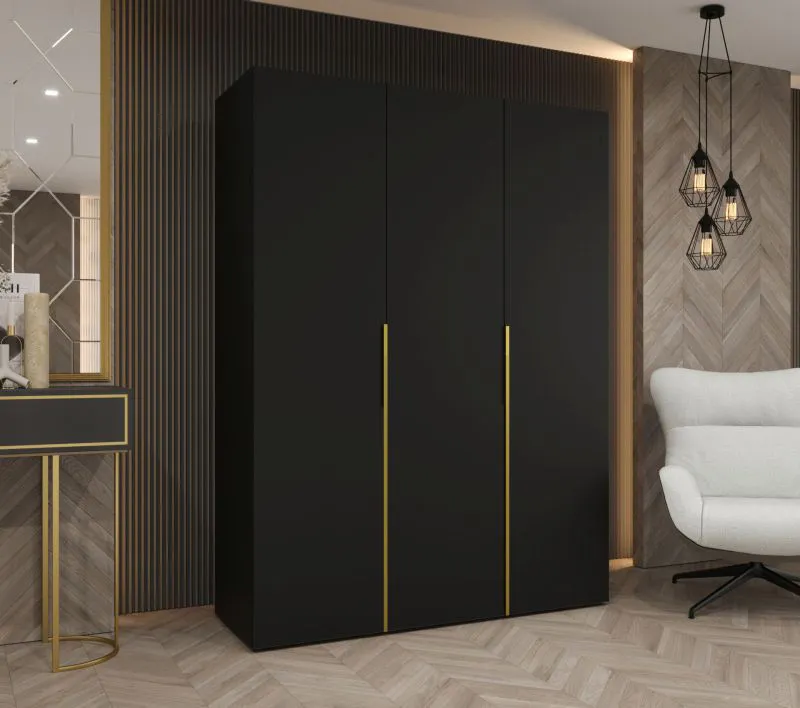 Armoire à portes battantes Eiger 19, trois portes, Couleur : Noir, deux tringles à vêtements, largeur 1,5 m, fonction Soft-Close, armoire, Poignées : Or, deux compartiments