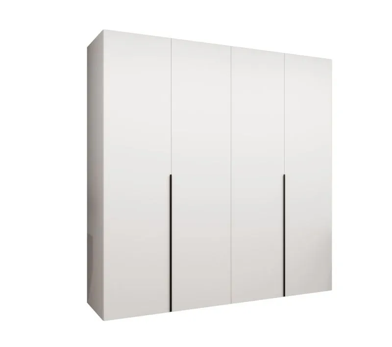 Armoire avec fonction soft-close Eiger 25, Couleur : Blanc, quatre portes, armoire à portes battantes, deux compartiments, largeur 2 mètres, Poignées : Noir, deux tringles à vêtements