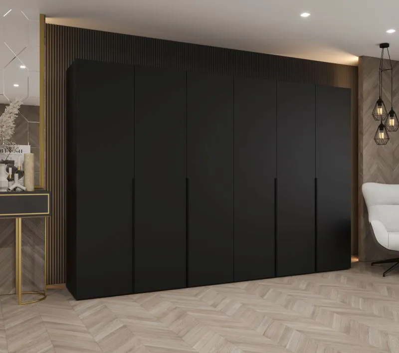 Penderie / Armoire à portes battantes avec six portes Eiger 50, Couleur : Noir, largeur 3 mètres, quatre tringles à vêtements, Poignées : Noir, quatre compartiments, fonction Soft-Close