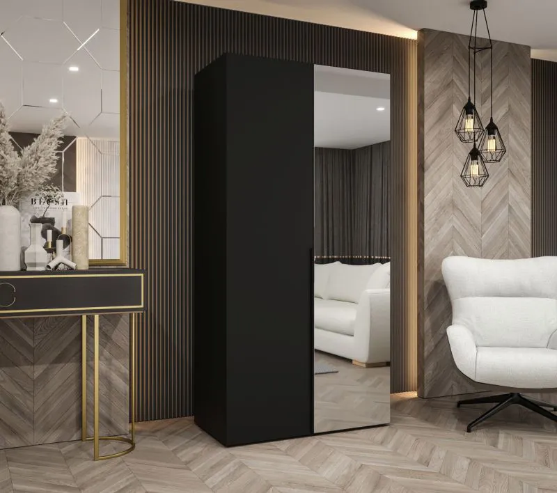 Armoire avec une tringle à vêtements Eiger 61, Couleur : Noir, un compartiment, une porte miroir, largeur 1 mètre, Poignées : Noir, fonction Soft-Close