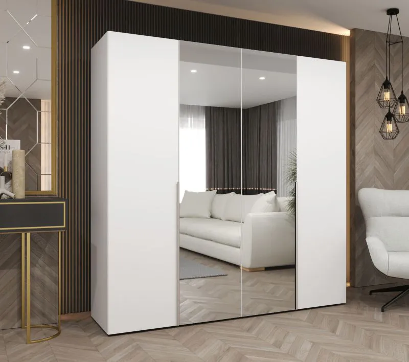 Armoire penderie Eiger 81 blanche | 2 portes miroir | 2 m large | Poignées cachemire | Soft-Close