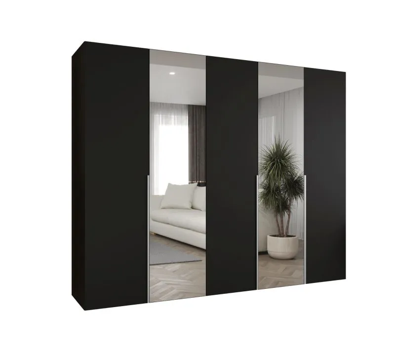 Armoire penderie Eiger 95 noir | 2 portes miroir | 2,5 m large | 3 tringles | Poignées couleur cachemire | Soft-Close | 3 compartiments