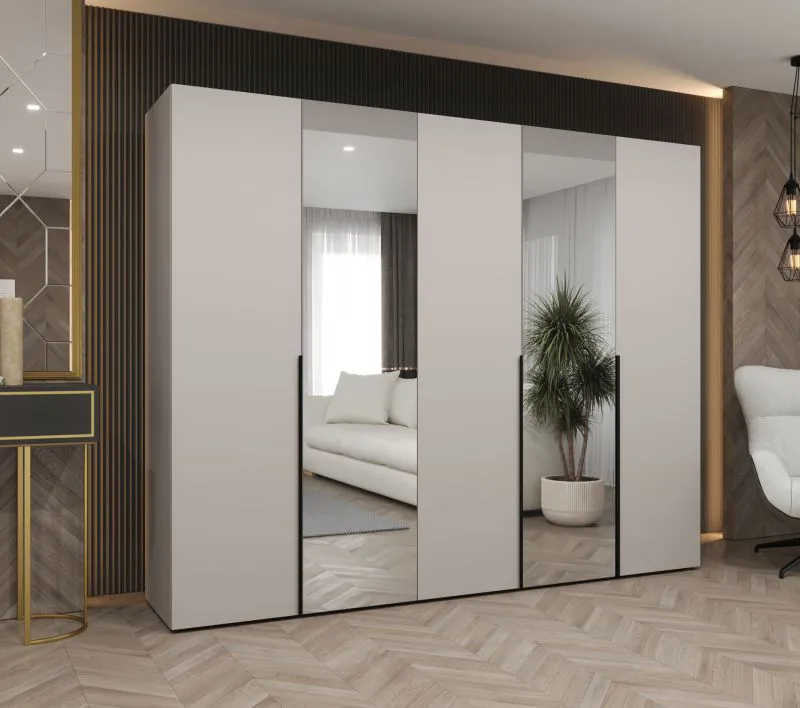 Armoire penderie 5 portes Eiger 97 | 2 portes miroir | Soft-Close | 2,5 m | Kaschmir & poignées noires