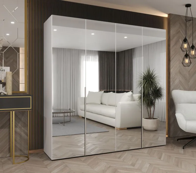 Armoire à portes battantes / Penderie avec fonction soft-close Eiger 136, Couleur : Blanc, quatre portes miroir, deux tringles à vêtements, largeur 2 mètres, Poignées : cachemire