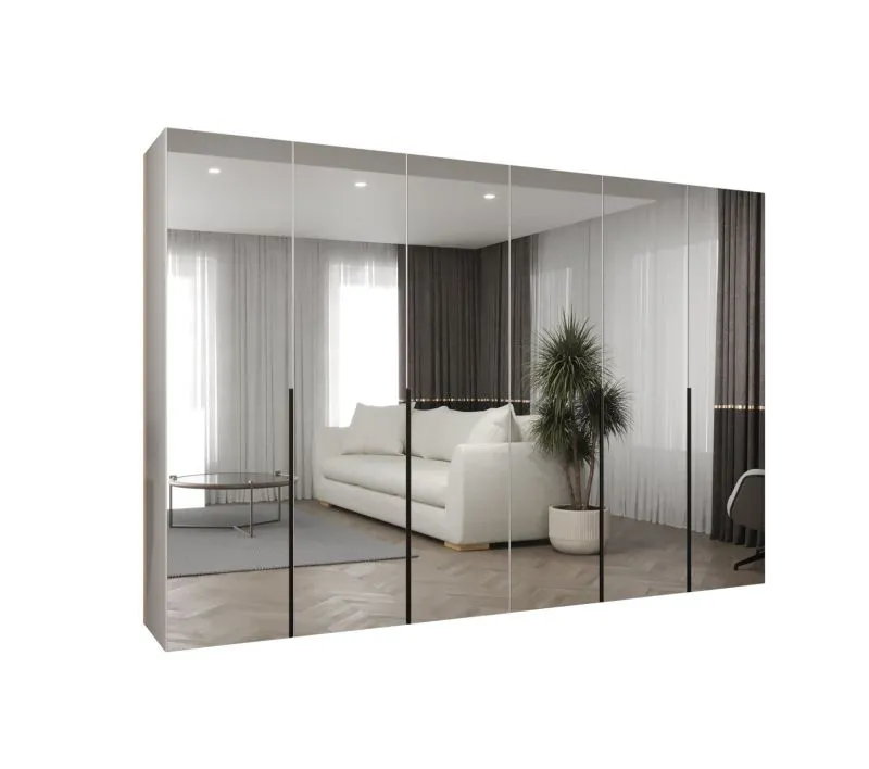 Armoire à portes battantes avec six portes miroir Eiger 157, Couleur : Blanc, quatre compartiments, largeur 3 mètres, fonction Soft-Close, armoire, Poignées : Noir