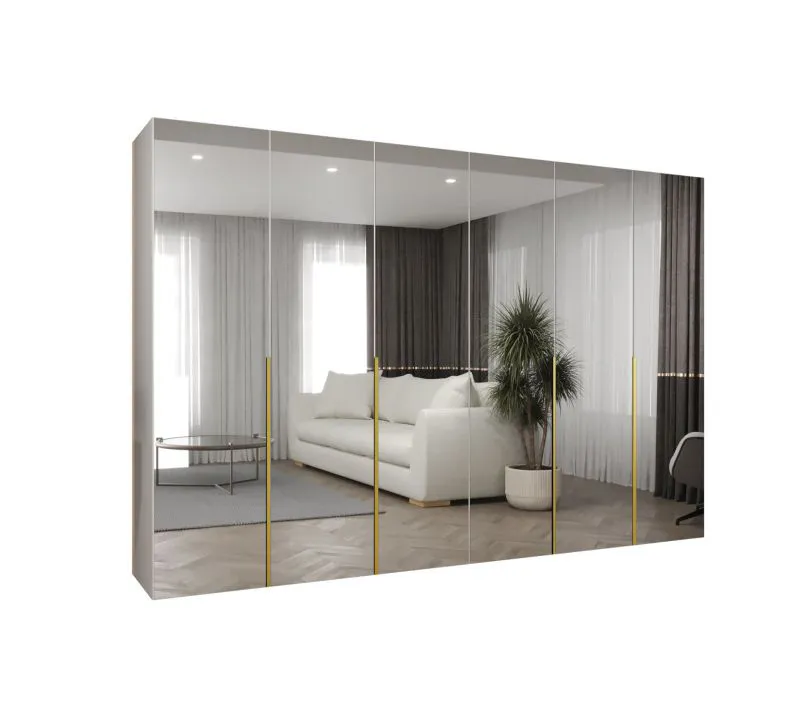 Armoire penderie Eiger 159 | 4 compartiments | Blanc | 3 m de large | Portes battantes | Poignées or | Soft-Close
