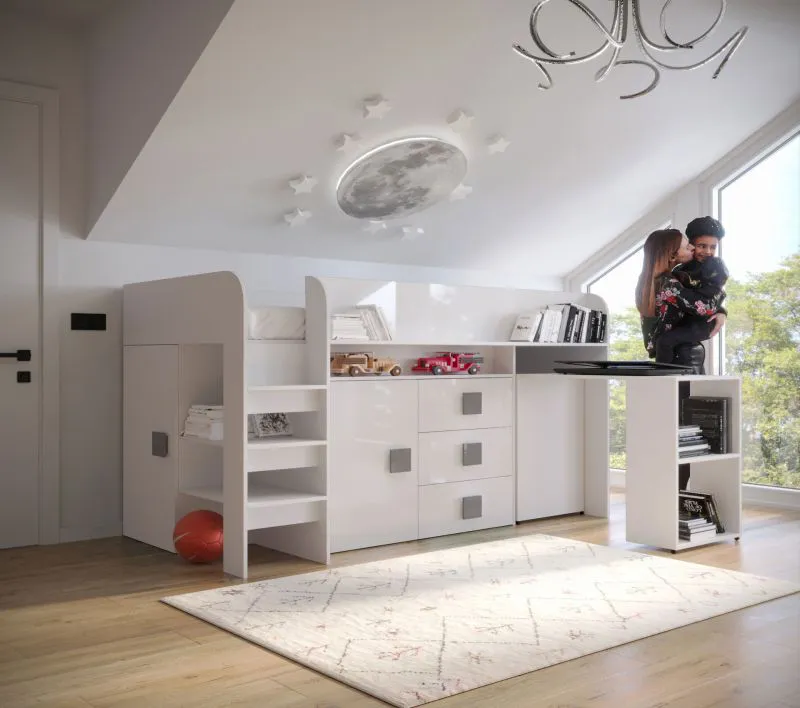 Lit mezzanine enfant Jura 59 | Couchage 90 x 200 cm | Bureau escamotable | Nombreux rangements | Blanc / Gris