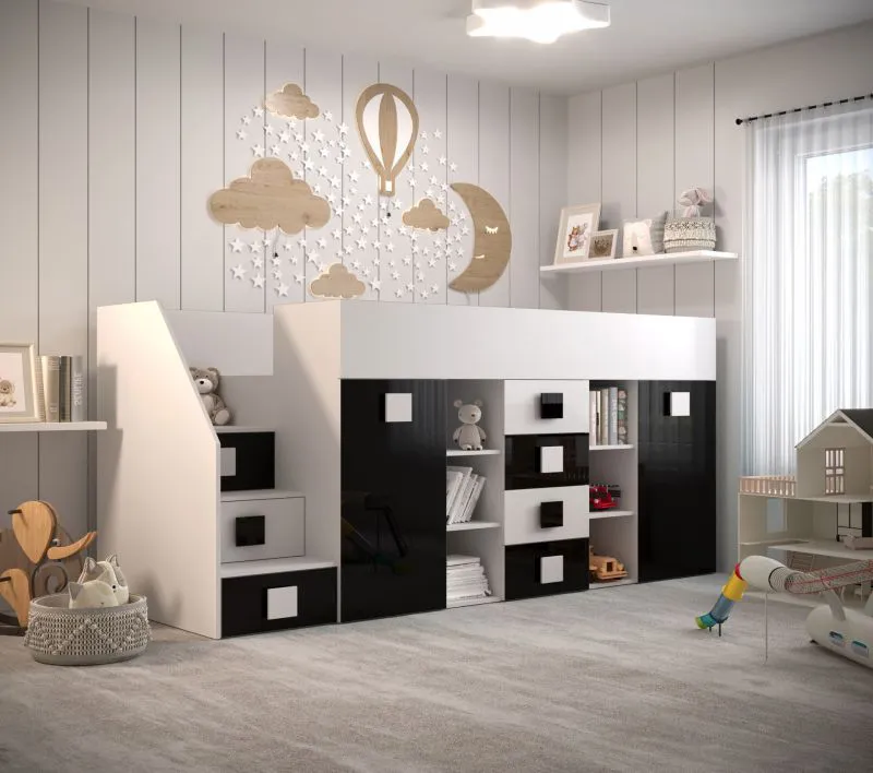 Lit mezzanine enfant Jura 72 avec bureau coulissant et escalier gauche | Blanc/Noir | 90x200 cm | 3 compartiments basculants | 4 tiroirs