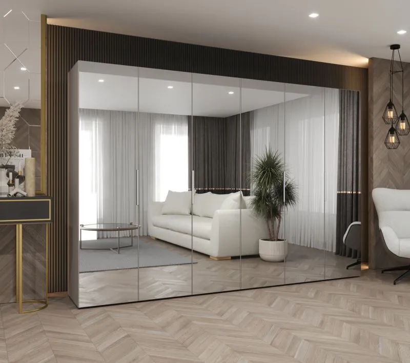 Armoire penderie Korab 164 | 3 m de large | 6 portes miroir | Finition cachemire | 4 tringles | Fermeture douce | Poignées couleur cachemireées