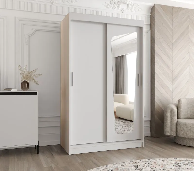 Armoire penderie Aletschhorn 06 | 1,2 m de large | Blanc | Porte miroir | 5 compartiments | 2 tringles | Schiebetürenschrank