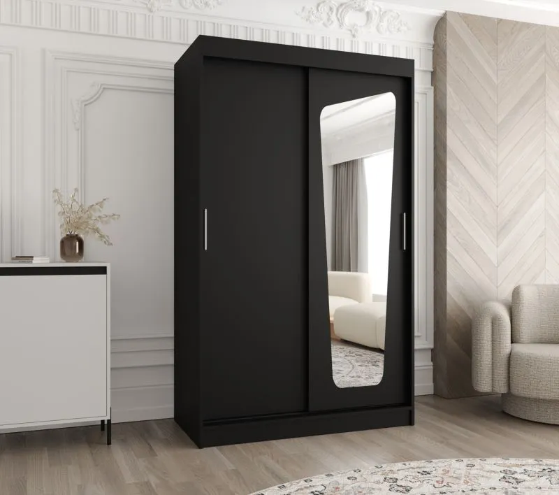 Armoire à portes coulissantes Aletschhorn 07 | Noir | 5 compartiments | 1 porte miroir | 120 cm de large | 2 penderies | Rails aluminium