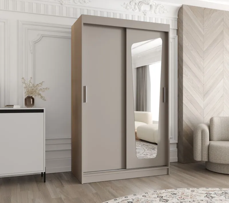 Armoire penderie coulissante Aletschhorn 08 | 1,2 m | Kaschmir | 5 compartiments | 1 porte miroir | 2 tringles | Rails aluminium