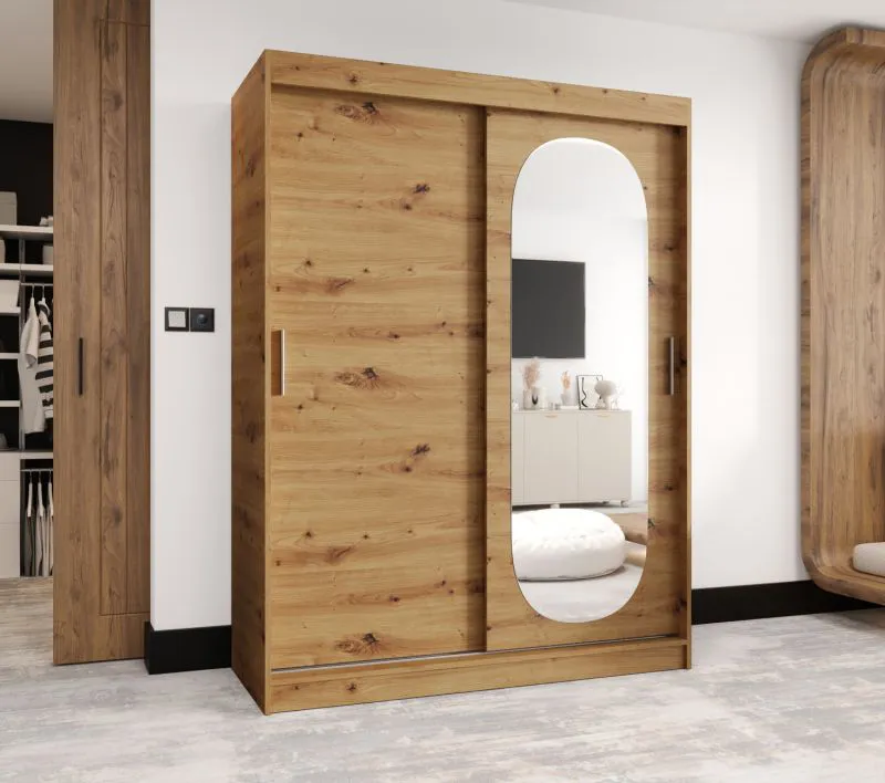 Armoire à portes coulissantes Moldoveanu 09 | Chêne Artisan | 1,5 m de large | 5 compartiments | 2 tringles | Miroir ovale