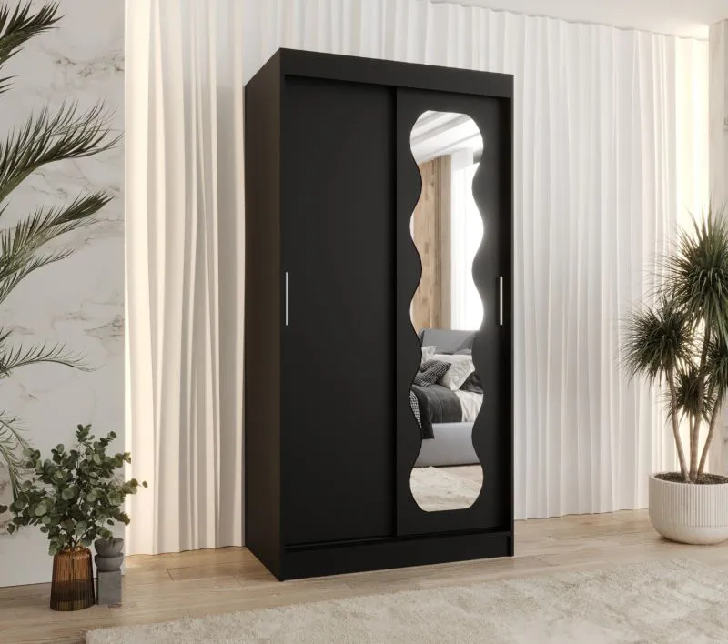 Armoire à portes coulissantes / Penderie Bernina 03, Couleur : Noir, largeur 1 mètre, une porte avec miroir, cinq casiers, deux tringles à vêtements, rails en aluminium