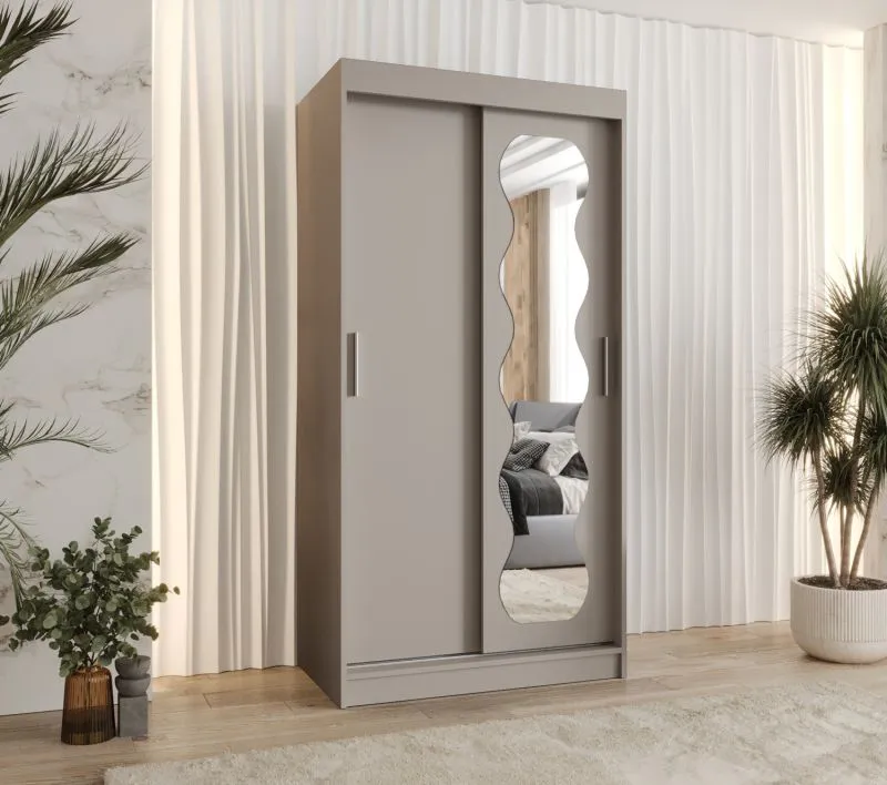 Armoire / Penderie à portes coulissantes Bernina 04, couleur : cachemire, rails en aluminium, largeur 1 mètre, une porte avec miroir, deux tringles à vêtements, cinq casiers