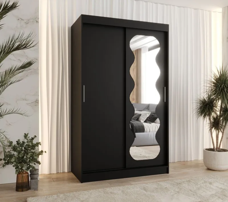 Armoire à portes coulissantes / Penderie Bernina 07, Couleur : Noir, largeur 1,2 mètres, une porte avec miroir, cinq casiers, deux tringles à vêtements, rails en aluminium