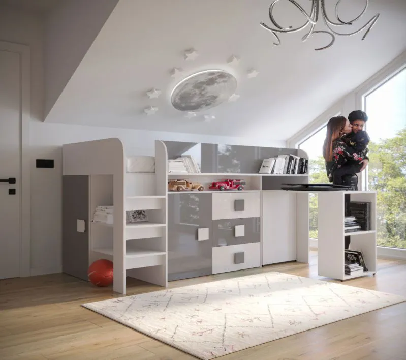 Lit fonctionnel / lit d'enfant avec espace de rangement et bureau Jura 55, compact, couleur : blanc / gris, surface de couchage : 90 x 200 cm, avec un design attrayant, durable et facile à entretenir