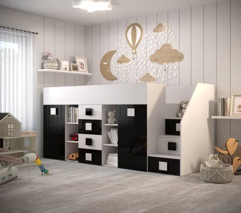 Lit surélevé / lit d'enfant / lit fonctionnel combiné Jura 72 avec bureau extensible et escalier à droite, couchage 90x200 cm, blanc/noir, 3 compartiments basculants