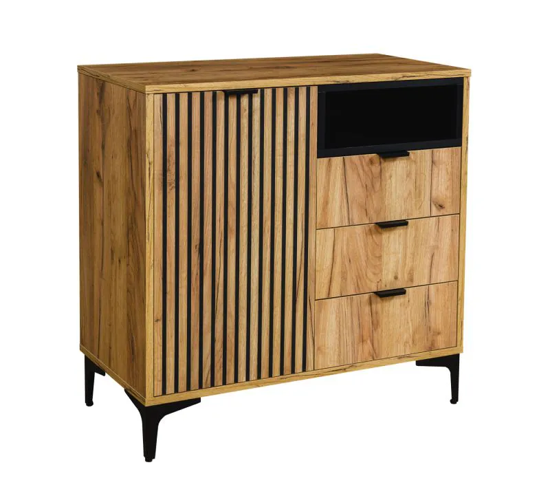 Petite commode à trois tiroirs Calmuco 07, Couleur : Chêne Craft Or / Noir, Poignées & Pieds : Métal, Dimension : 86,5 x 86 x 40,5 cm, Chants ABS