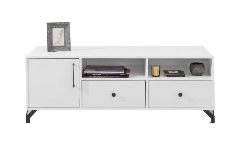 Meuble TV bas Tellin 08 blanc / blanc brillant | 140x50x50 cm | Design moderne, 2 tiroirs, 1 porte