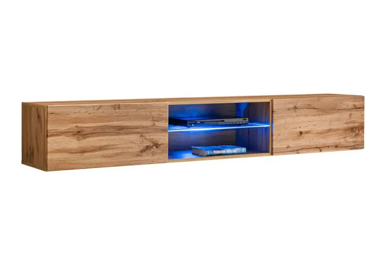 Meuble TV stylé avec éclairage LED Möllen 20, Couleur : Chêne Wotan - Dimensions : 30 x 180 x 40 cm (H x L x P), avec quatre compartiments