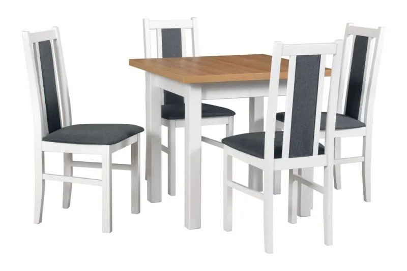 Ensemble salle à manger L | 4 chaises en bois massif | Assises gris | Table extensible blanc/chêne | Plateau laminé résistant