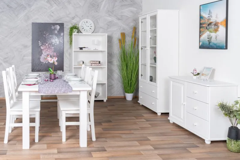 Salle à manger blanche complète - Ensemble F Junco, 8 pièces de style rustique, en pin massif, 1 étagère, 1 vitrine, 1 commode, 1 table de salle à manger, 4 chaises