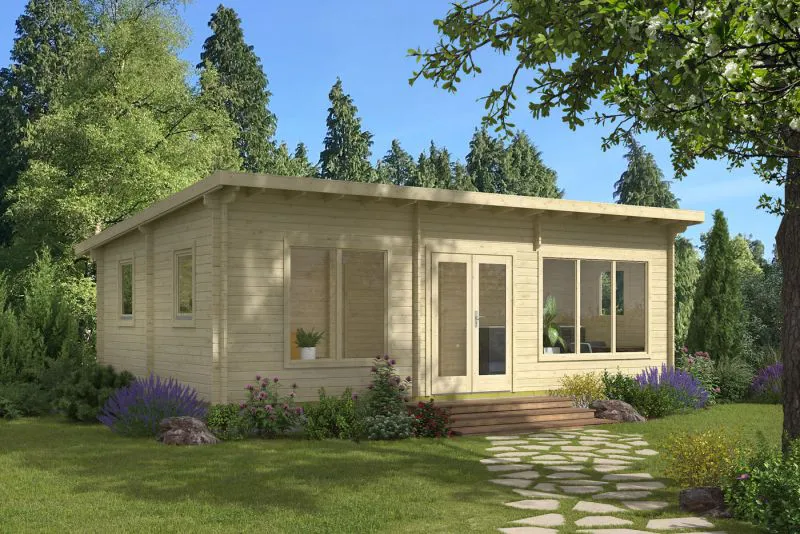 Maison de vacances / Maison de jardin avec 4 pièces, plancher inclus, en bois de pin nordique, 40 mm Maison en madriers, surface au sol : 40,5 m², avec vitrage isolant, dimensions extérieures : 780 x 520 cm, toit plat