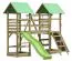 Tour de jeux S17 avec 2 tours, pont en bois, toboggan ondulé, 2 bacs à sable, balançoire double, mur d'escalade, échelle de corde et échelle en bois - Dimensions : 430 x 380 cm (l x p)