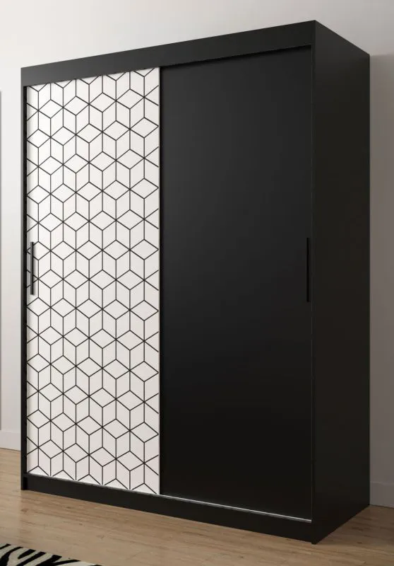 Armoire neutre avec panneaux à motifs Dom 18, Couleur : Noir mat / Blanc mat - Dimensions : 200 x 150 x 62 cm (h x l x p), avec cinq casiers et deux tringle à vêtements