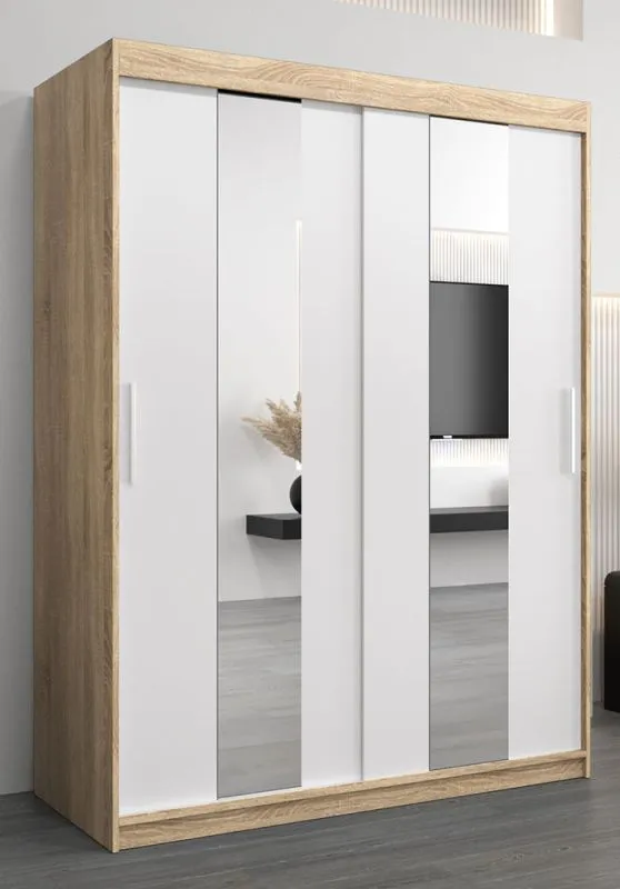 Armoire à portes coulissantes Polos 03 avec miroir | Espace optimisé | Chêne Sonoma / Blanc mat | 200 x 150 x 62 cm