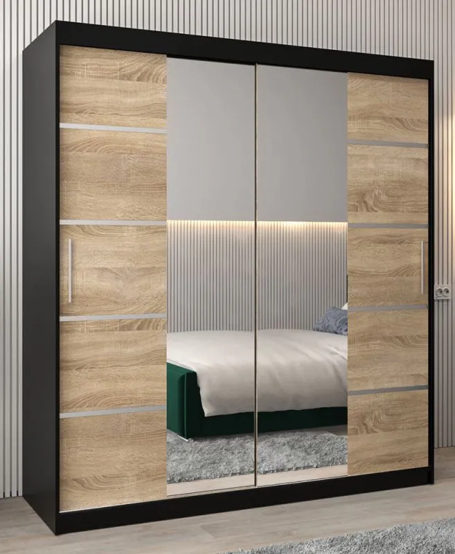Armoire à portes coulissantes Jan 04D avec miroir | Noir & Chêne Sonoma | 200 x 180 x 62 cm