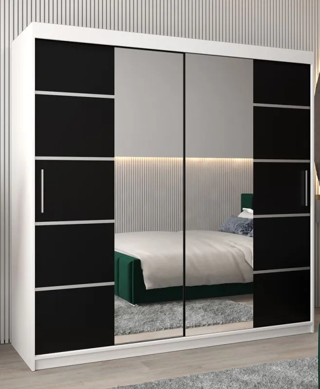 Armoire à portes coulissantes / Penderie Jan 05D avec miroir, Couleur : Blanc mat / Noir - Dimensions : 200 x 200 x 62 cm (H x L x P)