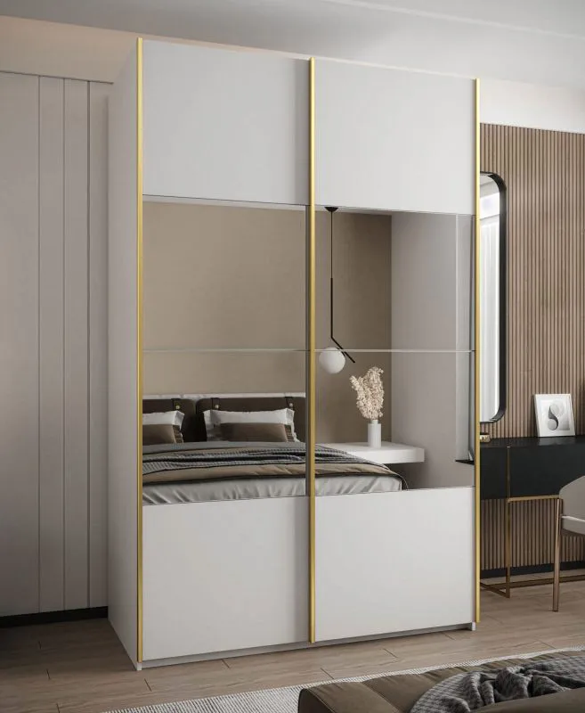 Penderie / Armoire à portes coulissantes / 245,5 x 160 x 64 cm / 11 compartiments / 2 portes coulissantes / Soft-Close / 2 tringles à vêtements / Miroir / Couleur : blanc