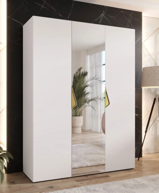 Armoire à portes battantes / Penderie / 1 porte miroir / Couleur : Blanc / 2 compartiments / Poignées : Or / 2 tringles à vêtements / Soft-Close / Dimensions : 150 x 52 x 202 cm