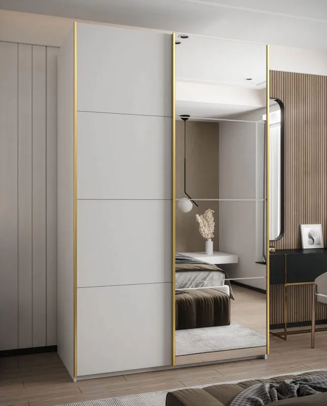 Penderie / Armoire à portes coulissantes / Soft-Close / Miroir / Couleur : Blanc / 2 tringles à vêtements / 245,5 x 160 x 64 cm / 2 portes coulissantes / 11 compartiments