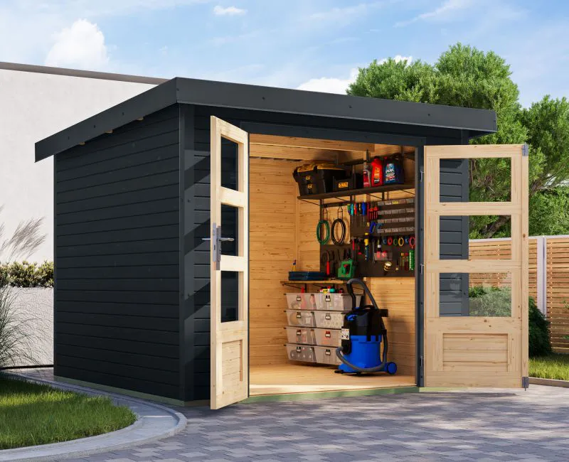 Abri de jardin en épicéa nordique anthracite avec toit en tôle trapézoïdale, porte à double battant avec découpes pour la lumière, serrure à cylindre robuste, 2,38 × 2,42 m