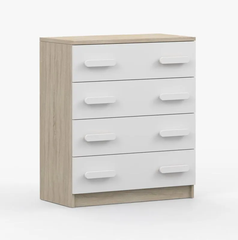Commode 80 cm de large / 90 x 80 x 40 cm / Blanc / Chêne de Sonoma / Smolikas 09 / 4 tiroirs / Poignées en bois blanc / Bicolore / Enfants / Jeunes
